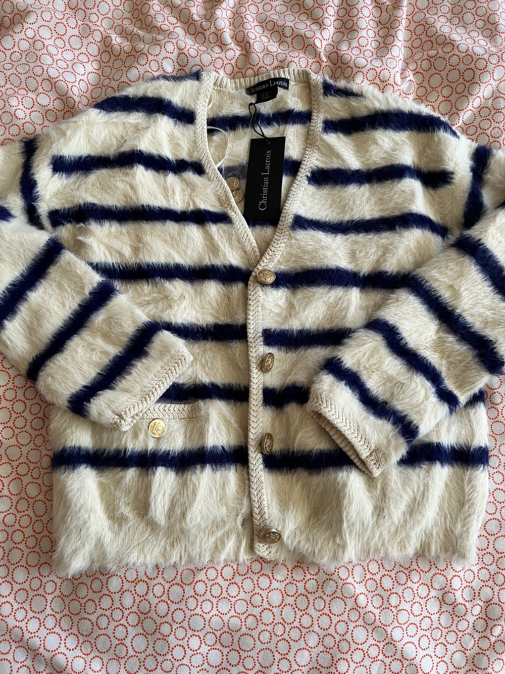 NWT  Cream & Navy Striped Fuzzy with gold buttons Cardigan